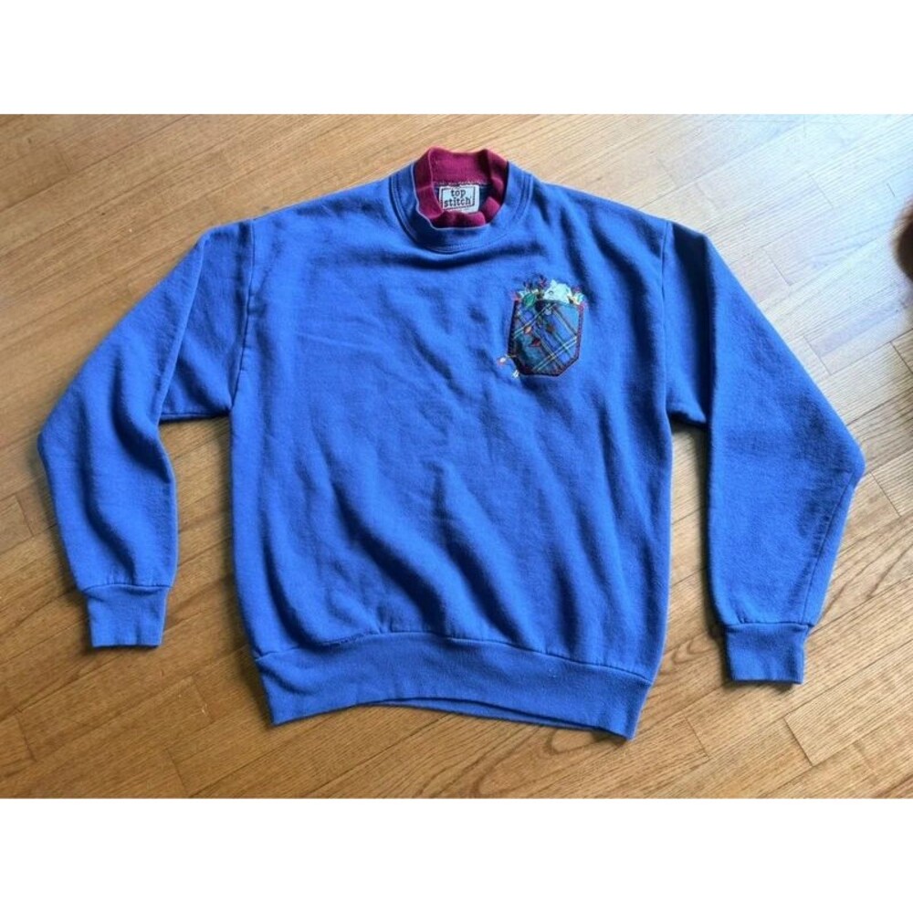 VTG 90s Top Stitch Morning Sun Sweatshirt M Blue Mock Neck embroidered Mouse